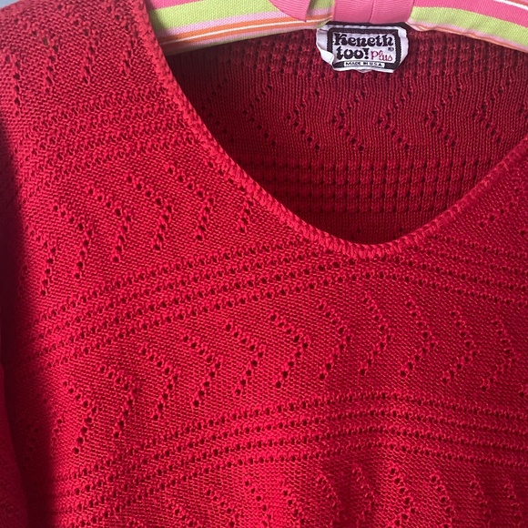 Vintage KENNETH TOO red eyelet knit short sleeve womens slub XL blouse V neck - Picture 6 of 11